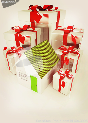 Image of House and gifts. 3D illustration. Vintage style.