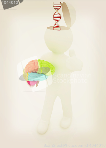 Image of 3d people - man with half head, brain and trumb up. Medical conc