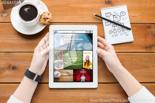 Image of close up of woman with tablet pc on wooden table