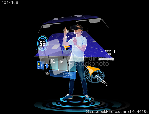 Image of happy man in virtual reality headset or 3d glasses