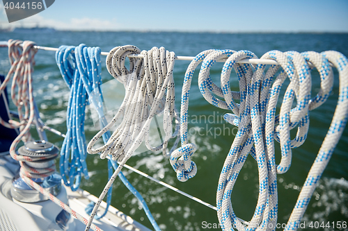 Image of close up of mooring rope on sailboat or yacht