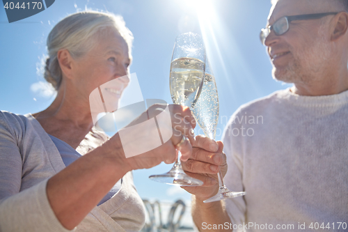 Image of happy senior couple drinking champagne outdoors