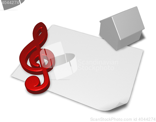 Image of clef symbol and house symbol on blank white paper sheet - 3d rendering
