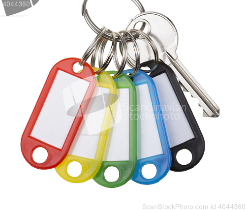 Image of One key with five tags isolated on white.