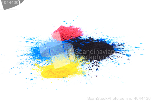 Image of cmyk toner powder (cyan, magenta, yellow, black)