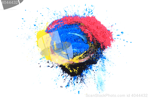 Image of cmyk toner powder (cyan, magenta, yellow, black)