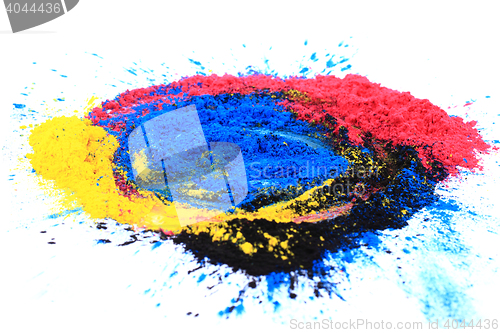 Image of cmyk toner powder (cyan, magenta, yellow, black)