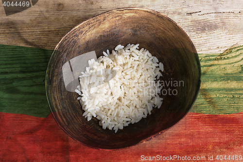 Image of Poverty concept, bowl of rice with Bulgaria flag      