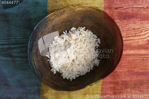 Image of Poverty concept, bowl of rice with Romanian flag      