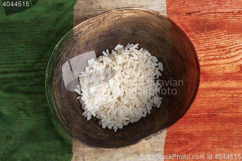 Image of Poverty concept, bowl of rice with Mexican flag      