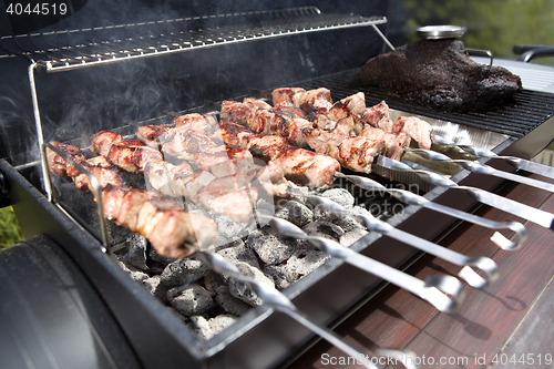 Image of Grilling shashlik on a barbeque grill outdoor