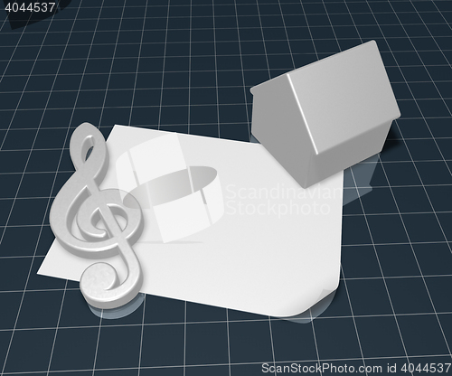 Image of clef symbol and house symbol on blank white paper sheet - 3d rendering