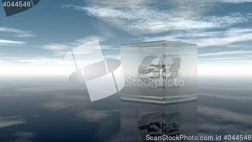 Image of euro symbol in glass cube under cloudy blue sky - 3d illustration