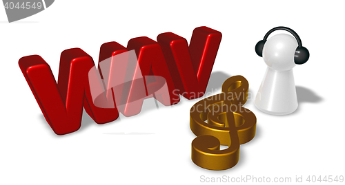 Image of wav tag, clef symbol and pawn with headphones - 3d rendering