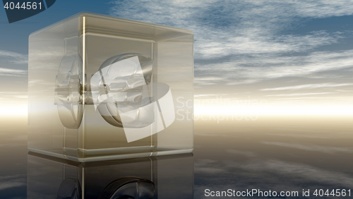 Image of euro symbol in glass cube under cloudy blue sky - 3d illustration