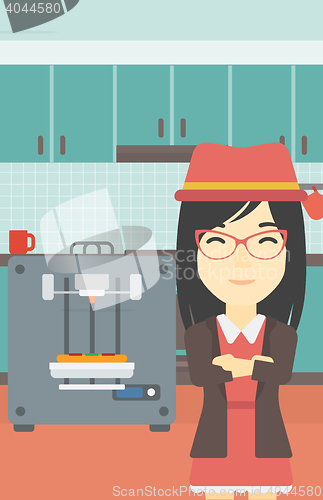 Image of Woman with three D printer vector illustration.