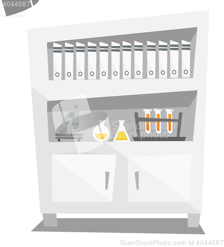 Image of Shelves with folder, microscope, medical glassware