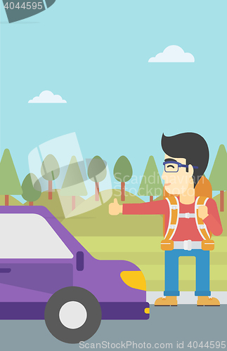 Image of Young man hitchhiking vector illustration.