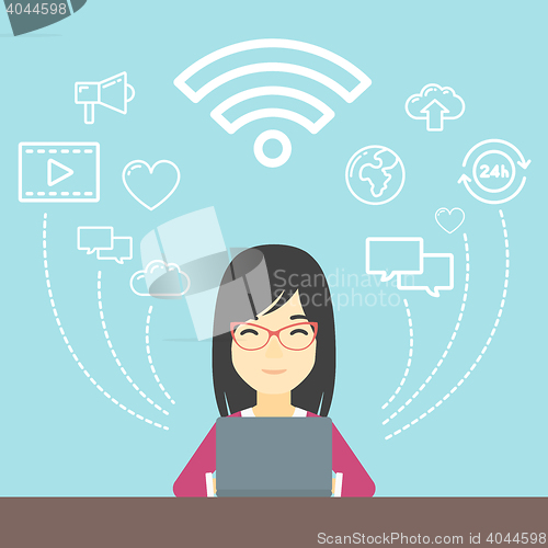 Image of Woman working on laptop vector illustration.