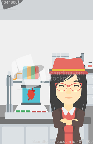 Image of Woman with three D printer vector illustration.