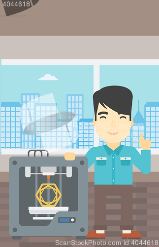 Image of Man with three D printer vector illustration.