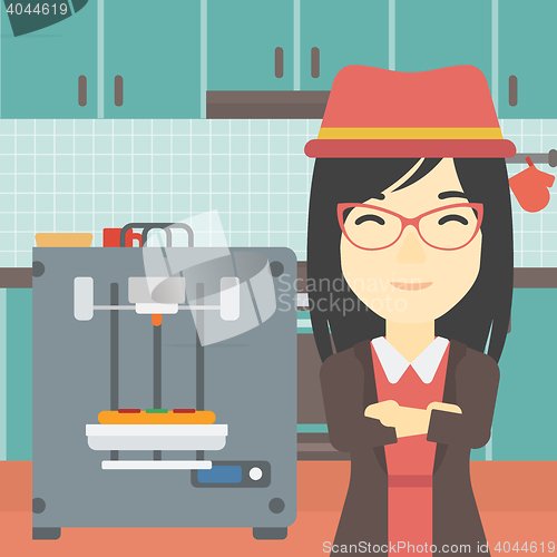 Image of Woman with three D printer vector illustration.