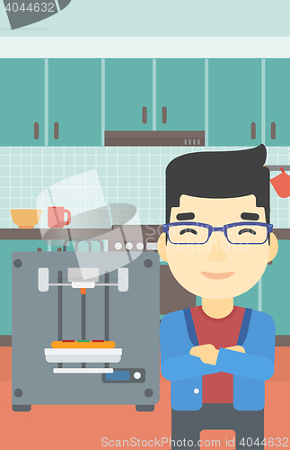 Image of Man with three D printer vector illustration.