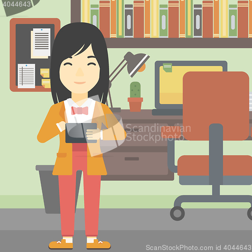 Image of Woman using tablet computer vector illustration.
