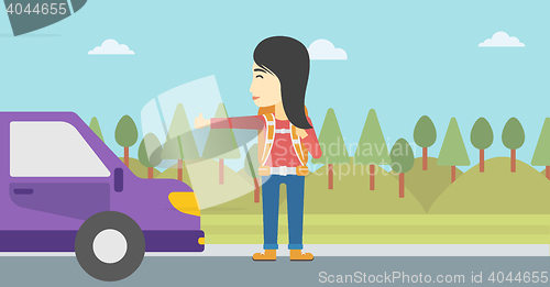 Image of Young woman hitchhiking vector illustration.