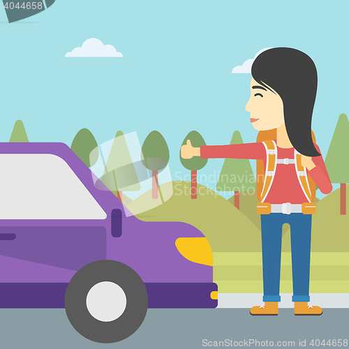 Image of Young woman hitchhiking vector illustration.