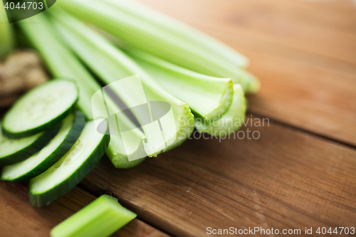 Image of close up of celery stems and sliced cucumber