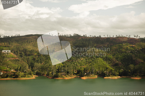 Image of view to lake or river from land hills on Sri Lanka