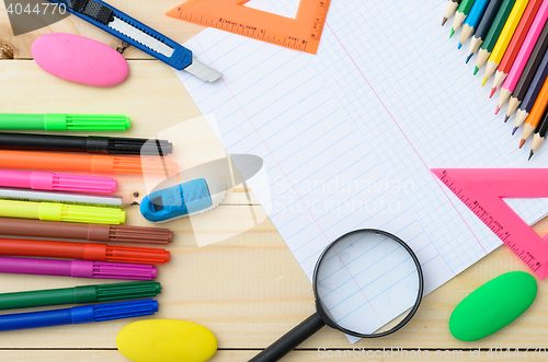 Image of School stationery with notebook copyspace