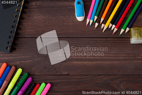 Image of School supplies on a wooden table