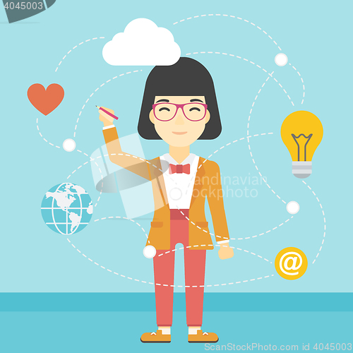 Image of Business woman and cloud computing.