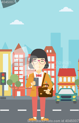 Image of Woman using smartphone vector illustration.