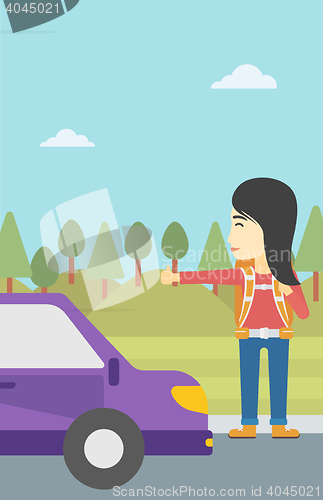 Image of Young woman hitchhiking vector illustration.