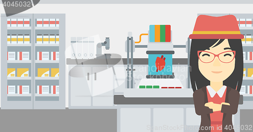 Image of Woman with three D printer vector illustration.