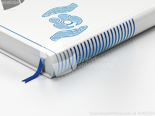 Image of Insurance concept: closed book, Family And Palm on white background