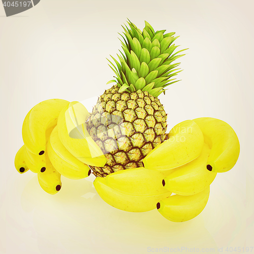 Image of pineapple and bananas. 3D illustration. Vintage style.