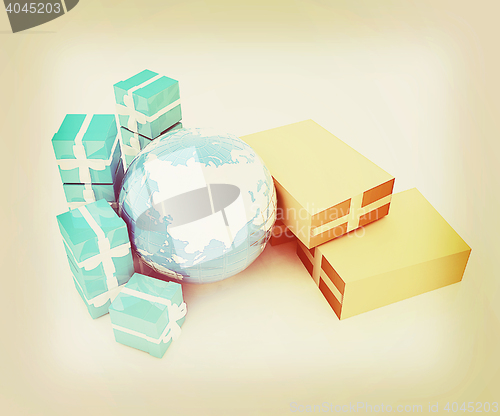 Image of Cardboard boxes, gifts and earth . 3D illustration. Vintage styl