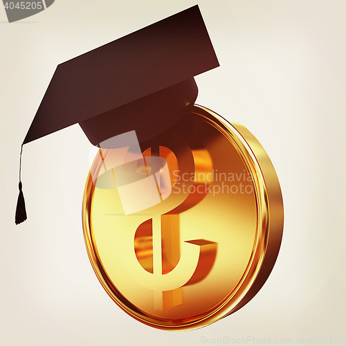 Image of Graduation hat on gold dollar coin. 3D illustration. Vintage sty