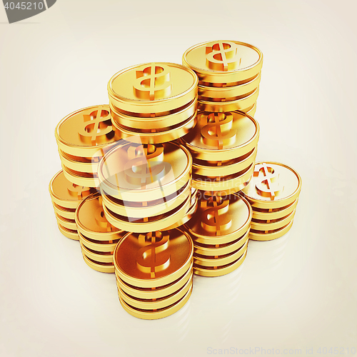 Image of Gold dollar coin stack. 3D illustration. Vintage style.