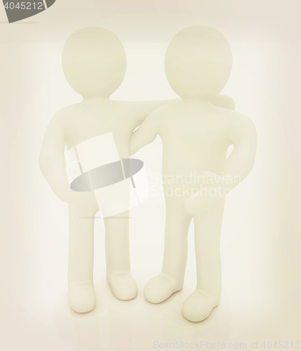 Image of Friends standing next to an embrace. 3d image. Isolated white ba