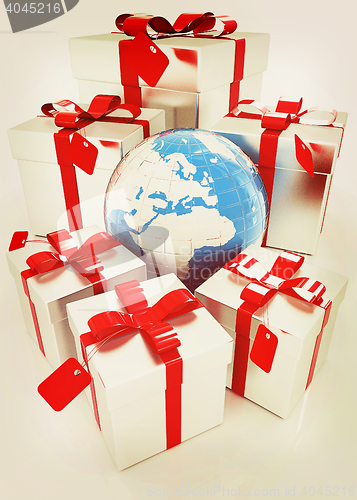 Image of Earth and gifts. 3D illustration. Vintage style.