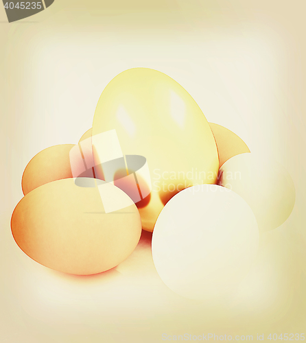 Image of Eggs and gold easter egg. 3D illustration. Vintage style.