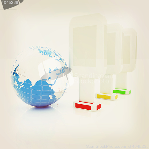 Image of Vertical glossy billboards and earth. 3d illustration on white b