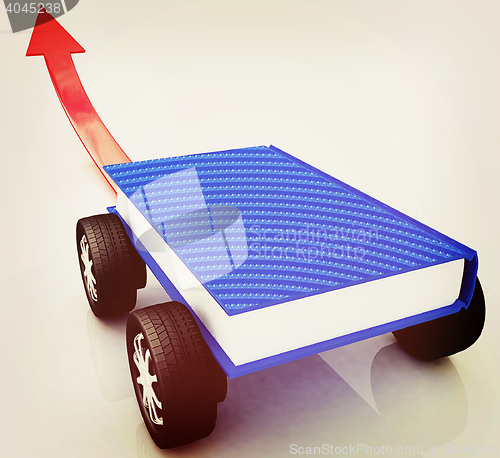 Image of On race cars in the world of knowledge concept. 3D illustration.