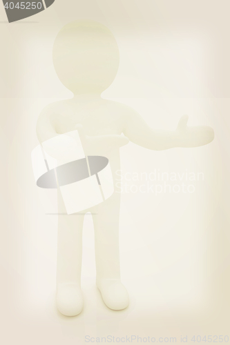 Image of Happy 3d business man showing copy space, isolated on white . 3D