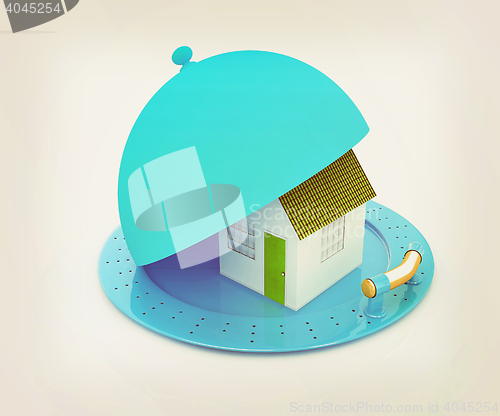 Image of house on restaurant cloche isolated on white background . 3D ill